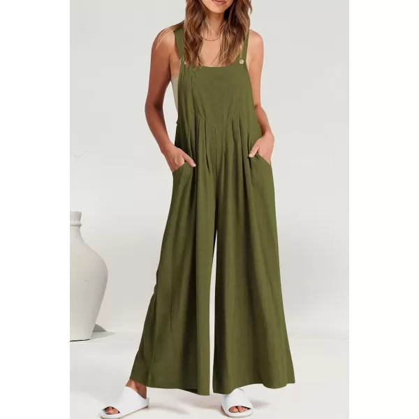 imagePRETTYGARDEN Womens Bib Overalls Casual Summer Sleeveless Strap Loose Wide Leg Jumpsuits with PocketsOlive Green