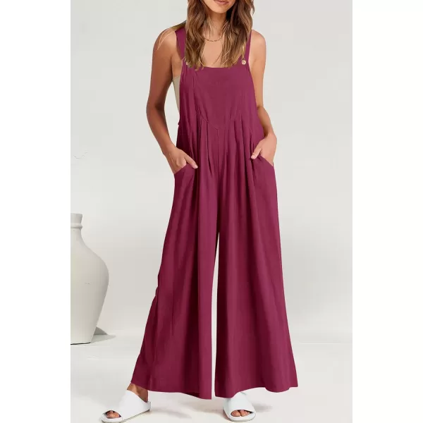 imagePRETTYGARDEN Womens Bib Overalls Casual Summer Sleeveless Strap Loose Wide Leg Jumpsuits with PocketsPurple Red