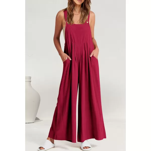 imagePRETTYGARDEN Womens Bib Overalls Casual Summer Sleeveless Strap Loose Wide Leg Jumpsuits with PocketsRed