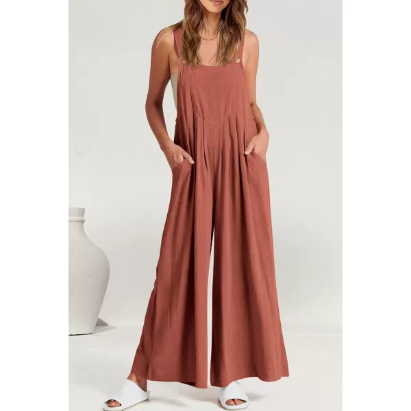 imagePRETTYGARDEN Womens Bib Overalls Casual Summer Sleeveless Strap Loose Wide Leg Jumpsuits with PocketsRust Red