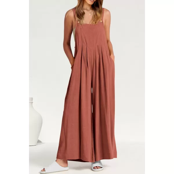 imagePRETTYGARDEN Womens Bib Overalls Casual Summer Sleeveless Strap Loose Wide Leg Jumpsuits with PocketsRust Red