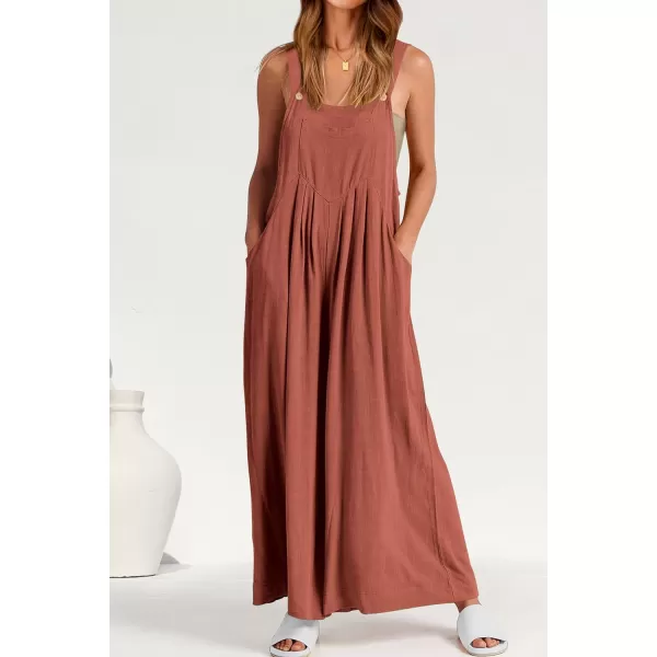 imagePRETTYGARDEN Womens Bib Overalls Casual Summer Sleeveless Strap Loose Wide Leg Jumpsuits with PocketsRust Red