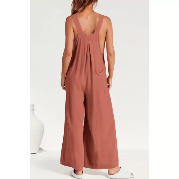 imagePRETTYGARDEN Womens Bib Overalls Casual Summer Sleeveless Strap Loose Wide Leg Jumpsuits with PocketsRust Red