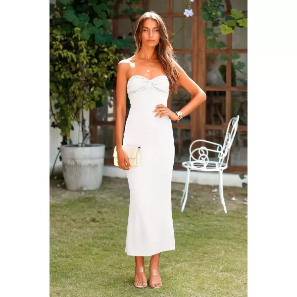 imagePRETTYGARDEN Womens Bodycon Long Dresses Summer Strapless Tube Twist Knot Front Ribbed Knit Maxi Cocktail Dress with SlitBeige White
