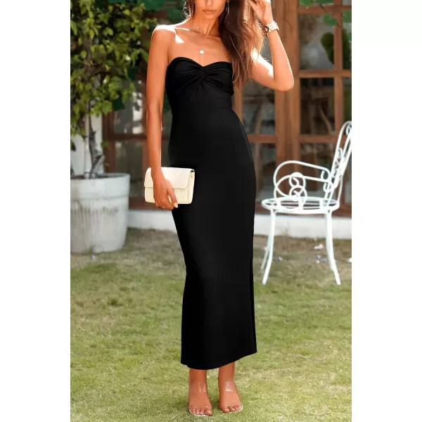 imagePRETTYGARDEN Womens Bodycon Long Dresses Summer Strapless Tube Twist Knot Front Ribbed Knit Maxi Cocktail Dress with SlitBlack