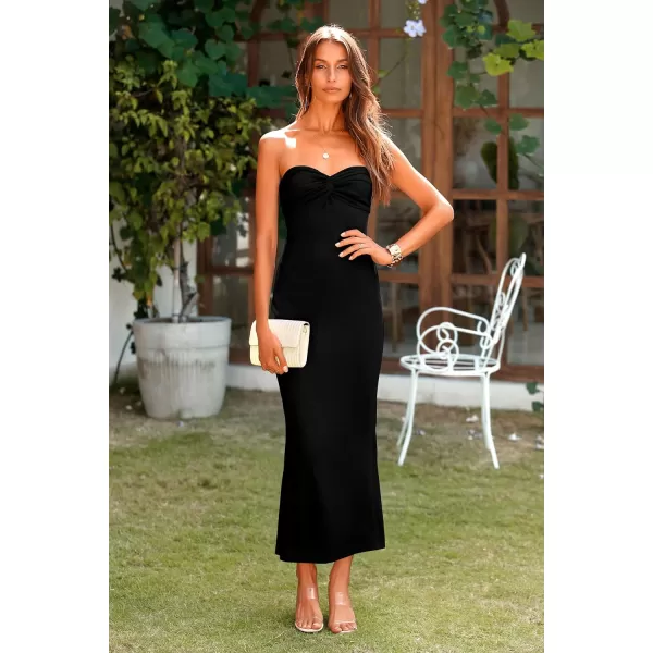 imagePRETTYGARDEN Womens Bodycon Long Dresses Summer Strapless Tube Twist Knot Front Ribbed Knit Maxi Cocktail Dress with SlitBlack