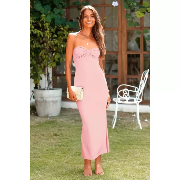 imagePRETTYGARDEN Womens Bodycon Long Dresses Summer Strapless Tube Twist Knot Front Ribbed Knit Maxi Cocktail Dress with SlitPink