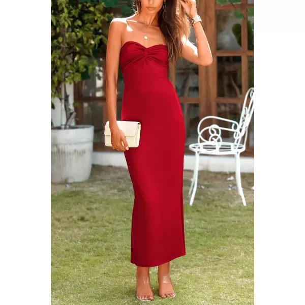 imagePRETTYGARDEN Womens Bodycon Long Dresses Summer Strapless Tube Twist Knot Front Ribbed Knit Maxi Cocktail Dress with SlitRed