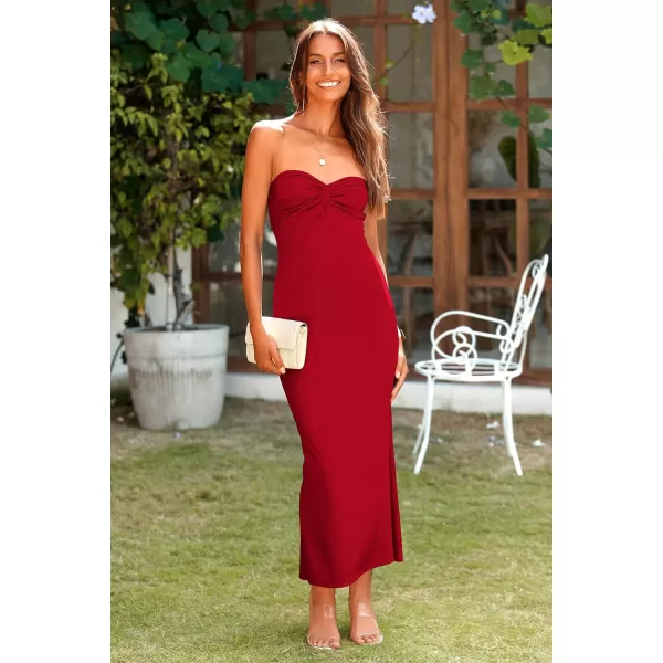 imagePRETTYGARDEN Womens Bodycon Long Dresses Summer Strapless Tube Twist Knot Front Ribbed Knit Maxi Cocktail Dress with SlitRed