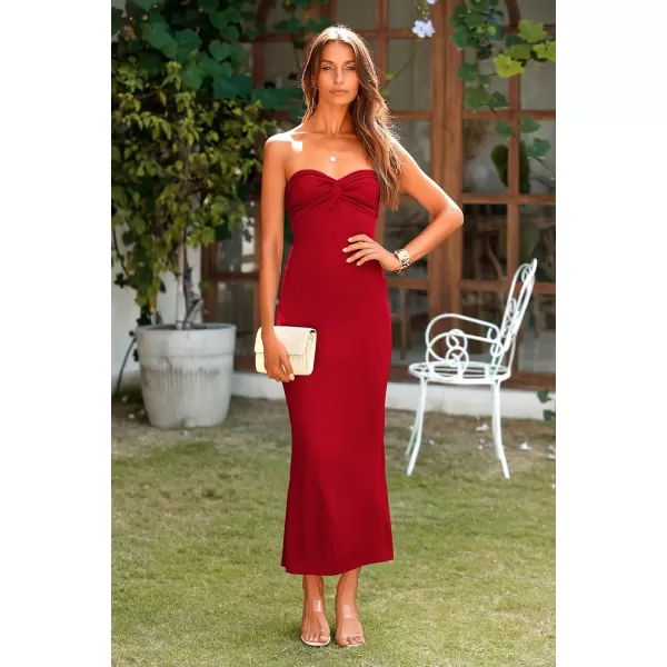 imagePRETTYGARDEN Womens Bodycon Long Dresses Summer Strapless Tube Twist Knot Front Ribbed Knit Maxi Cocktail Dress with SlitRed