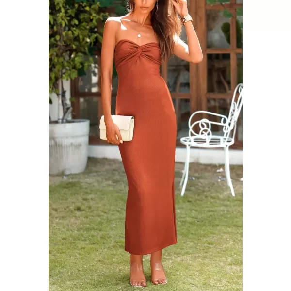 imagePRETTYGARDEN Womens Bodycon Long Dresses Summer Strapless Tube Twist Knot Front Ribbed Knit Maxi Cocktail Dress with SlitRust Red
