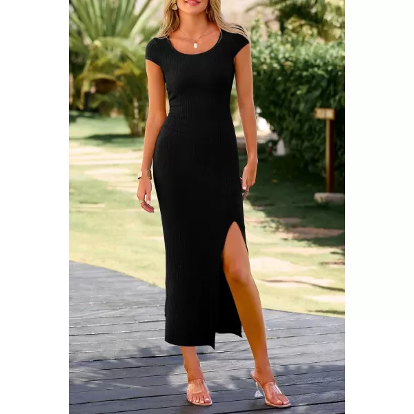 imagePRETTYGARDEN Womens Bodycon Maxi Dress Casual Summer Cap Sleeve Ribbed Knit Fitted Party Club Long Slit DressesBlack
