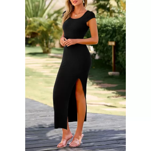 imagePRETTYGARDEN Womens Bodycon Maxi Dress Casual Summer Cap Sleeve Ribbed Knit Fitted Party Club Long Slit DressesBlack