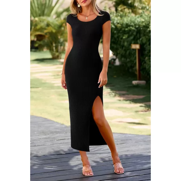 imagePRETTYGARDEN Womens Bodycon Maxi Dress Casual Summer Cap Sleeve Ribbed Knit Fitted Party Club Long Slit DressesBlack