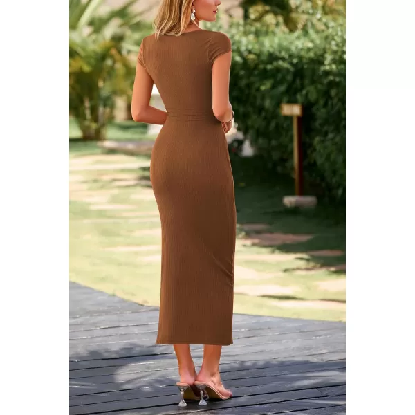 imagePRETTYGARDEN Womens Bodycon Maxi Dress Casual Summer Cap Sleeve Ribbed Knit Fitted Party Club Long Slit DressesBrown