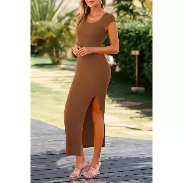 imagePRETTYGARDEN Womens Bodycon Maxi Dress Casual Summer Cap Sleeve Ribbed Knit Fitted Party Club Long Slit DressesBrown