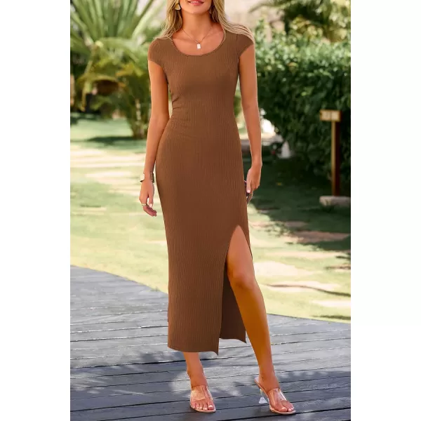 imagePRETTYGARDEN Womens Bodycon Maxi Dress Casual Summer Cap Sleeve Ribbed Knit Fitted Party Club Long Slit DressesBrown