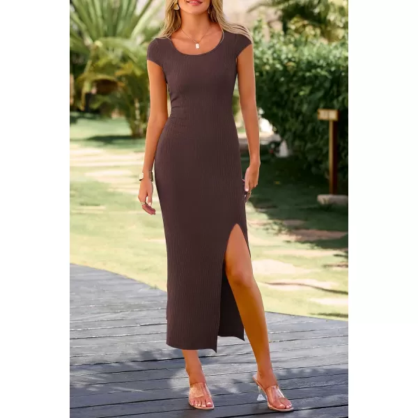 imagePRETTYGARDEN Womens Bodycon Maxi Dress Casual Summer Cap Sleeve Ribbed Knit Fitted Party Club Long Slit DressesCoffee