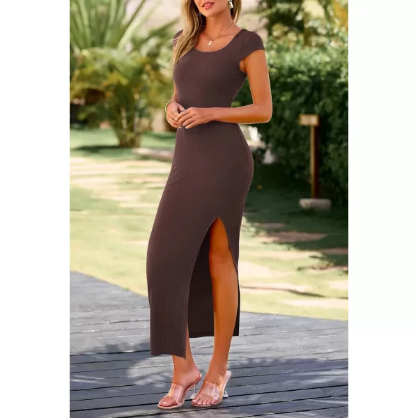 imagePRETTYGARDEN Womens Bodycon Maxi Dress Casual Summer Cap Sleeve Ribbed Knit Fitted Party Club Long Slit DressesCoffee