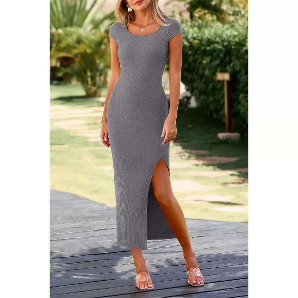 imagePRETTYGARDEN Womens Bodycon Maxi Dress Casual Summer Cap Sleeve Ribbed Knit Fitted Party Club Long Slit DressesGrey
