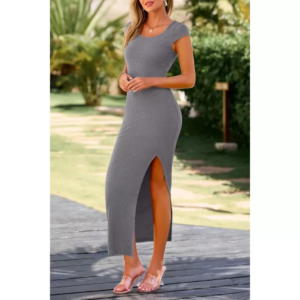 imagePRETTYGARDEN Womens Bodycon Maxi Dress Casual Summer Cap Sleeve Ribbed Knit Fitted Party Club Long Slit DressesGrey