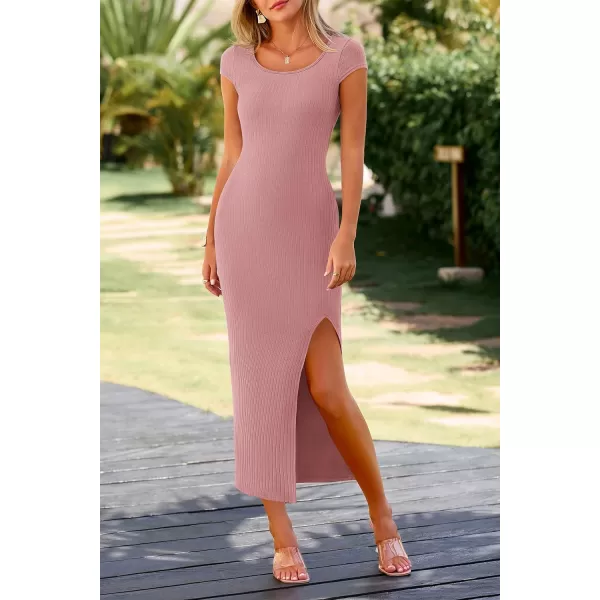 imagePRETTYGARDEN Womens Bodycon Maxi Dress Casual Summer Cap Sleeve Ribbed Knit Fitted Party Club Long Slit DressesPink