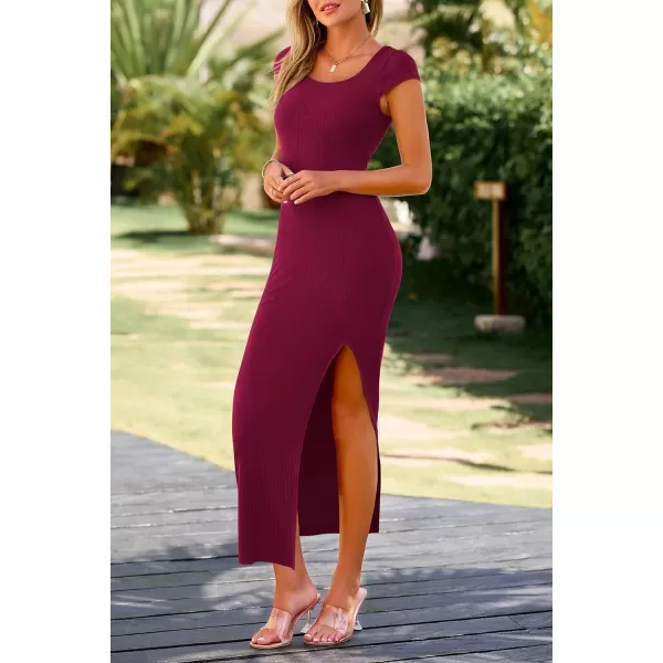 imagePRETTYGARDEN Womens Bodycon Maxi Dress Casual Summer Cap Sleeve Ribbed Knit Fitted Party Club Long Slit DressesWine Red