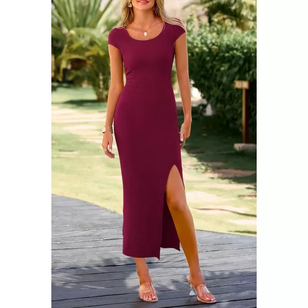 imagePRETTYGARDEN Womens Bodycon Maxi Dress Casual Summer Cap Sleeve Ribbed Knit Fitted Party Club Long Slit DressesWine Red
