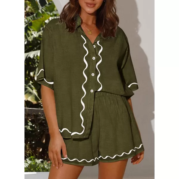imagePRETTYGARDEN Womens Casual 2 Piece Outfits Summer Button Down Shirts Tops and Lounge Shorts Pajama SetsArmy Green