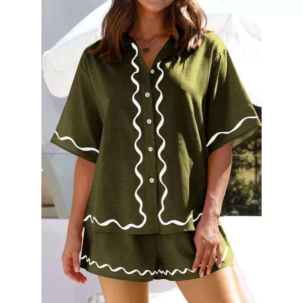 imagePRETTYGARDEN Womens Casual 2 Piece Outfits Summer Button Down Shirts Tops and Lounge Shorts Pajama SetsArmy Green