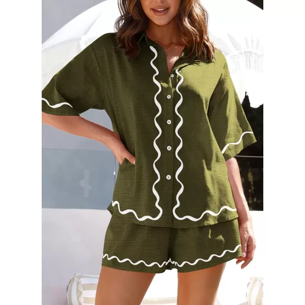 imagePRETTYGARDEN Womens Casual 2 Piece Outfits Summer Button Down Shirts Tops and Lounge Shorts Pajama SetsArmy Green