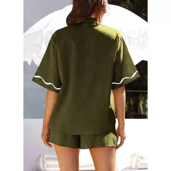 imagePRETTYGARDEN Womens Casual 2 Piece Outfits Summer Button Down Shirts Tops and Lounge Shorts Pajama SetsArmy Green