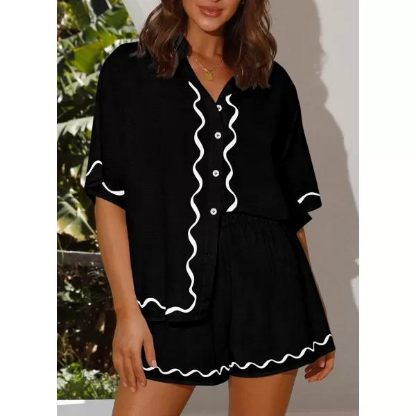 imagePRETTYGARDEN Womens Casual 2 Piece Outfits Summer Button Down Shirts Tops and Lounge Shorts Pajama SetsBlack