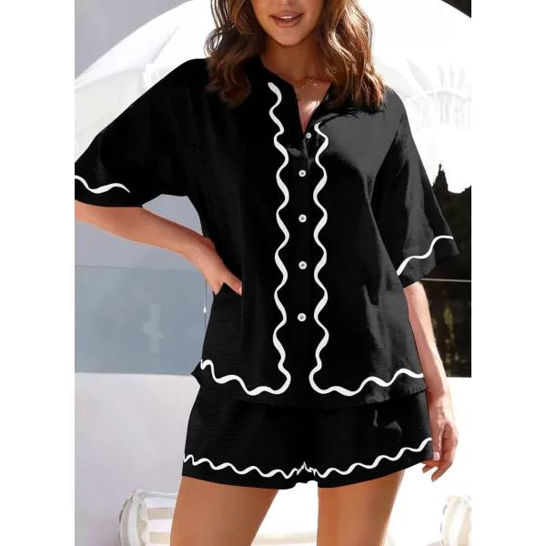 imagePRETTYGARDEN Womens Casual 2 Piece Outfits Summer Button Down Shirts Tops and Lounge Shorts Pajama SetsBlack