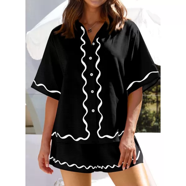 imagePRETTYGARDEN Womens Casual 2 Piece Outfits Summer Button Down Shirts Tops and Lounge Shorts Pajama SetsBlack