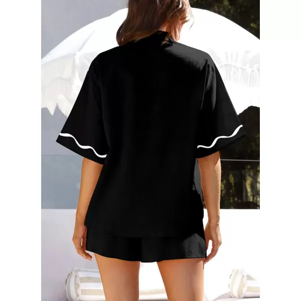 imagePRETTYGARDEN Womens Casual 2 Piece Outfits Summer Button Down Shirts Tops and Lounge Shorts Pajama SetsBlack