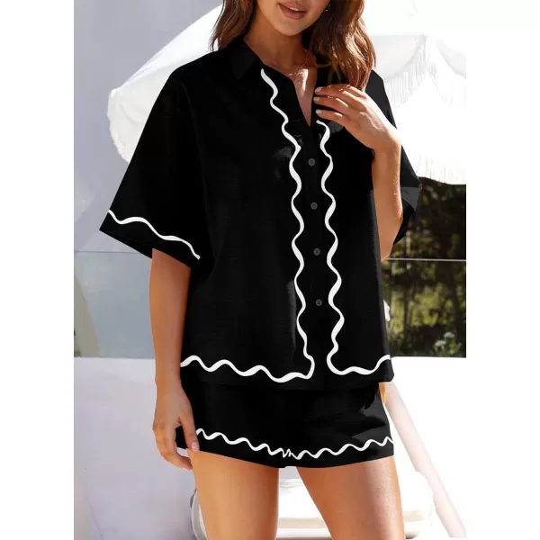 imagePRETTYGARDEN Womens Casual 2 Piece Outfits Summer Button Down Shirts Tops and Lounge Shorts Pajama SetsBlack
