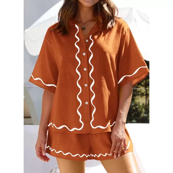 imagePRETTYGARDEN Womens Casual 2 Piece Outfits Summer Button Down Shirts Tops and Lounge Shorts Pajama SetsBrick Red