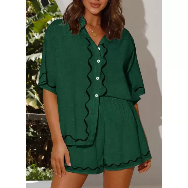 imagePRETTYGARDEN Womens Casual 2 Piece Outfits Summer Button Down Shirts Tops and Lounge Shorts Pajama SetsDark Green