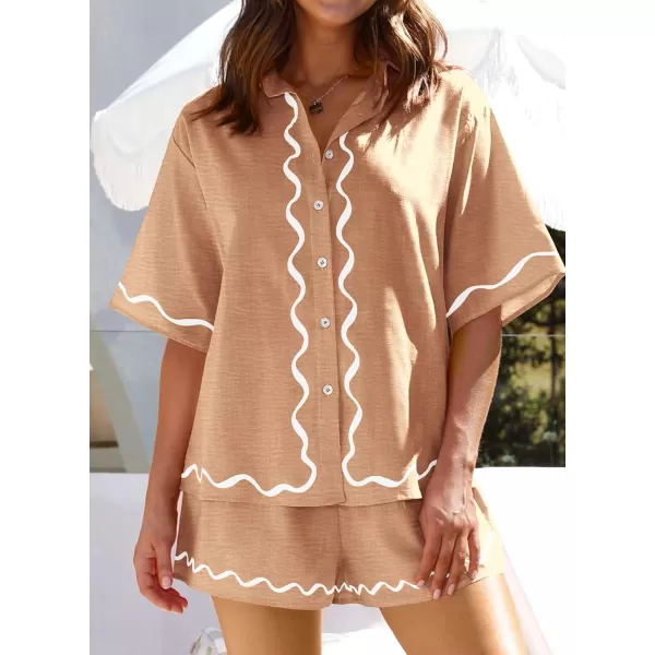 imagePRETTYGARDEN Womens Casual 2 Piece Outfits Summer Button Down Shirts Tops and Lounge Shorts Pajama SetsKhaki