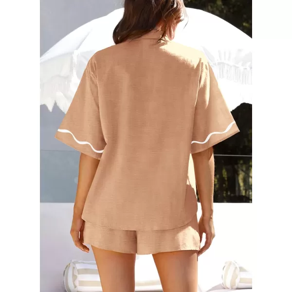 imagePRETTYGARDEN Womens Casual 2 Piece Outfits Summer Button Down Shirts Tops and Lounge Shorts Pajama SetsKhaki
