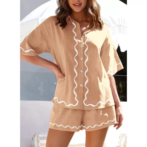 imagePRETTYGARDEN Womens Casual 2 Piece Outfits Summer Button Down Shirts Tops and Lounge Shorts Pajama SetsKhaki