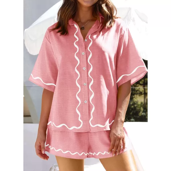 imagePRETTYGARDEN Womens Casual 2 Piece Outfits Summer Button Down Shirts Tops and Lounge Shorts Pajama SetsPink
