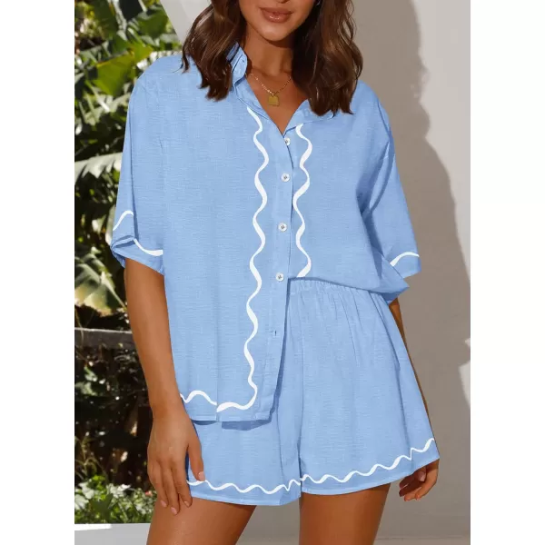 imagePRETTYGARDEN Womens Casual 2 Piece Outfits Summer Button Down Shirts Tops and Lounge Shorts Pajama SetsSky Blue