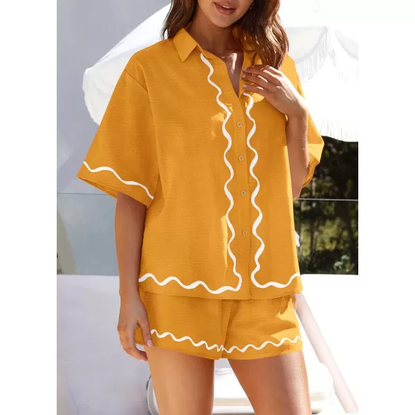 imagePRETTYGARDEN Womens Casual 2 Piece Outfits Summer Button Down Shirts Tops and Lounge Shorts Pajama SetsTurmeric