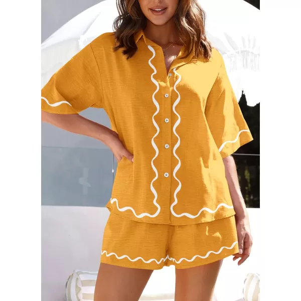 imagePRETTYGARDEN Womens Casual 2 Piece Outfits Summer Button Down Shirts Tops and Lounge Shorts Pajama SetsTurmeric