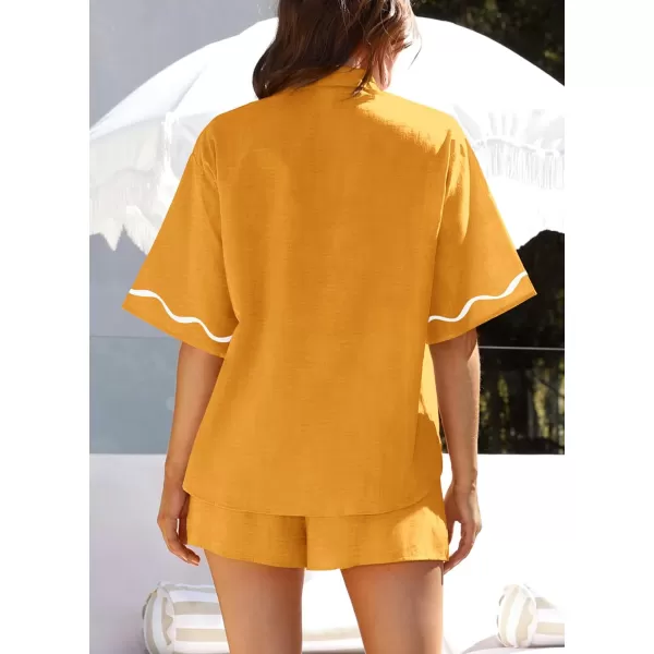 imagePRETTYGARDEN Womens Casual 2 Piece Outfits Summer Button Down Shirts Tops and Lounge Shorts Pajama SetsTurmeric