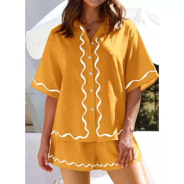 imagePRETTYGARDEN Womens Casual 2 Piece Outfits Summer Button Down Shirts Tops and Lounge Shorts Pajama SetsTurmeric
