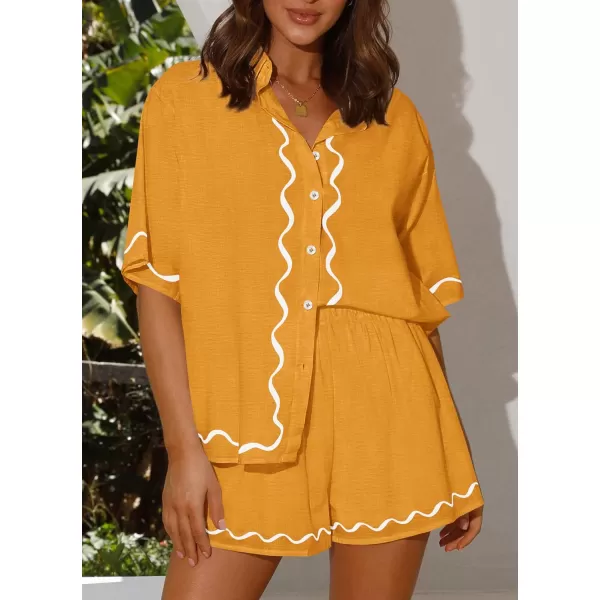 imagePRETTYGARDEN Womens Casual 2 Piece Outfits Summer Button Down Shirts Tops and Lounge Shorts Pajama SetsTurmeric