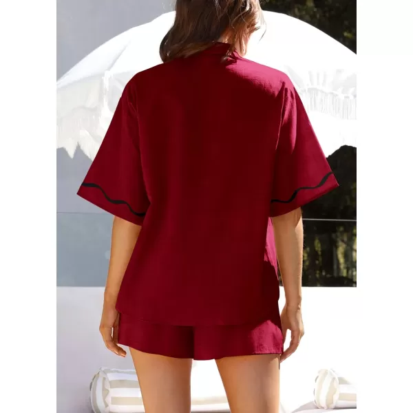 imagePRETTYGARDEN Womens Casual 2 Piece Outfits Summer Button Down Shirts Tops and Lounge Shorts Pajama SetsWine Red